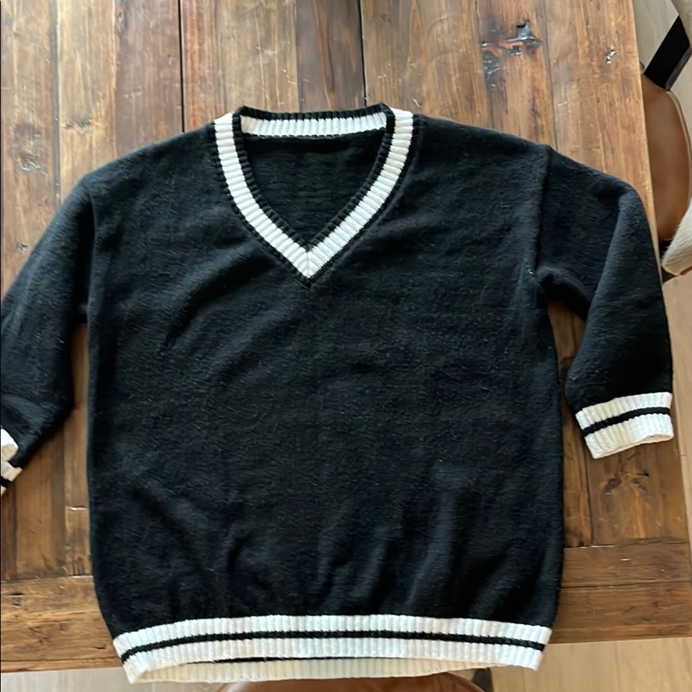 Black V-Neck Sweater with White Trim
